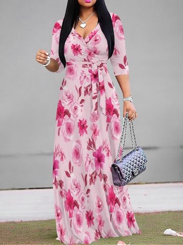 Image of Plus Size Dresses for Women Floral Print Maxi Dress Flowy 3 /4 Sleeve with Belt
