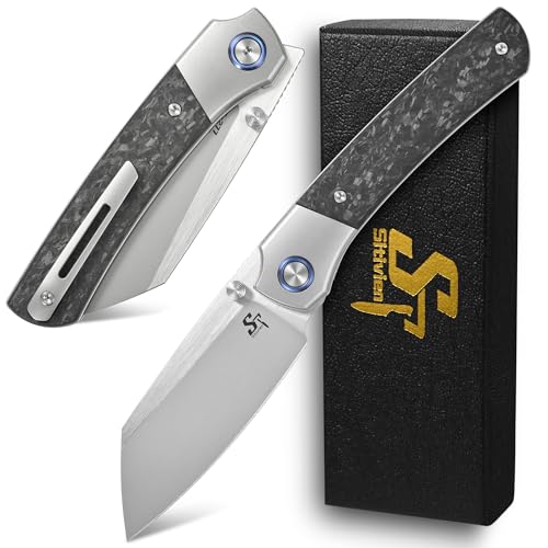 Sitivien ST277 Folding Knife, S90V Steel Blade Titanium & Carbon Fiber Handle Knife with Pocket Clip for Outdoor Camping, Hiking, Survival, Hunting (Silver)
