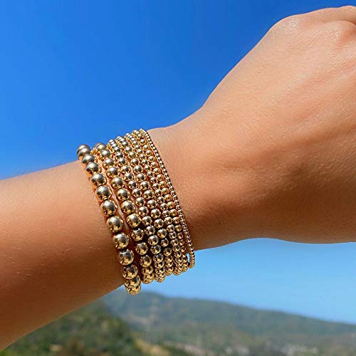 Humano Gold Beaded Bracelets for Women, 18K Gold Plated Bead Ball Layered Bracelets Set Copper Beads Stackable Elastic Stretch Gold Bracelets Fashion Beaded Jewelry (4+4+4+5+6mm) - Image 5