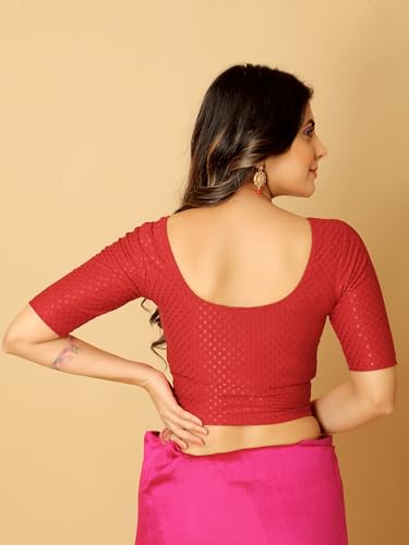 Amazon Brand - Anarva Round Neck Dobby Cotton Lycra Stretchable Elbow Half Sleeve Readymade Saree Blouse for Women Stylish