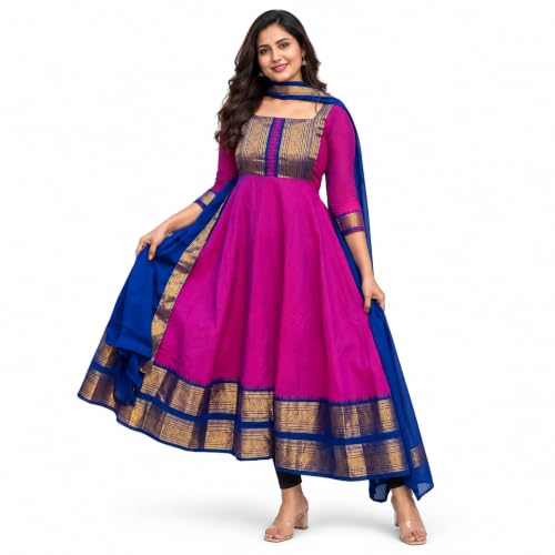 Image of Elegant Zari Jacquard Weaving Gown with Lace Border Dupatta - Traditional Indian Ethnic Wear for Weddings, Festivals, and Special Occasions