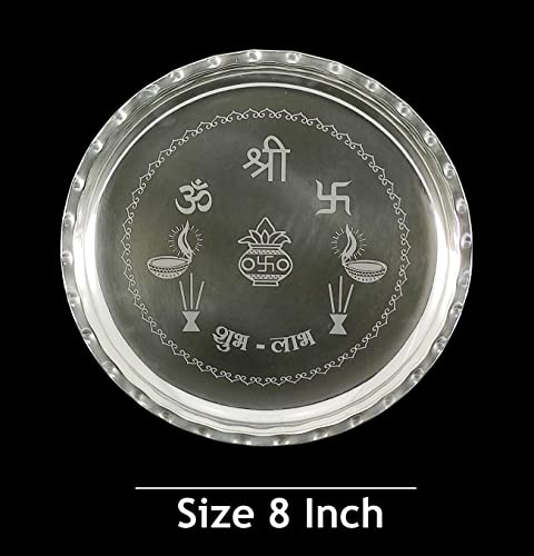 Silver Plated Pooja thali Set 8 Inch Plate Diya Dhup Dan Glass Ghanti Bowl Kumkum Stand Palli Daily Puja Thali for Diwali Home Mandir Office Wedding Return Festive Gift Items