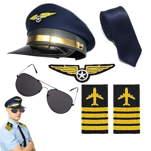BICUIYIT Accessoire De Costume De Capitaine - Kit Complet Costume Pilote avec Casquette, Cravate, Lunettes, Épaulettes et Insigne pour Déguisement Carnival...
