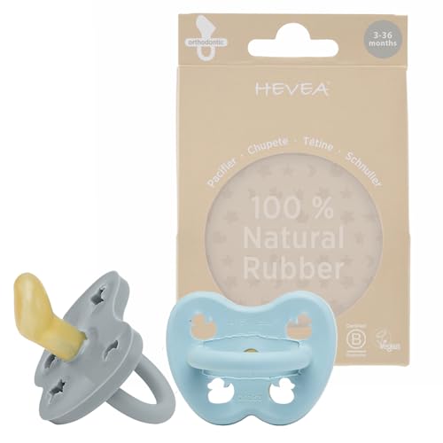 Image of HEVEA Natural Rubber Pacifier Orthodontic 3-36 Months – Hygienic One Piece Design for Newborns to Toddlers, BPA-Free, Soft & Durable - Two-Pack (Maya Blue & Thunder Grey)
