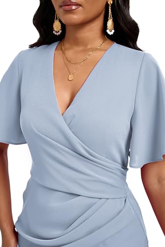 Image of Women's Wrap V Neck Asymmetrical Hem Midi Ruched Cocktail Evening Dress | Back Zipper, Regular Fit, Club Night, Semi Office Formal, Wedding Dinner Date, Flutter Short Sleeve