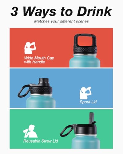 Image of Coolflask 40 oz Water Bottle Insulated with Straw & 3 Leakproof Lids