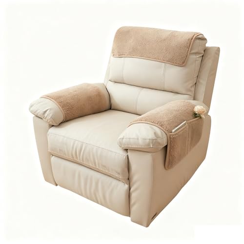 【防滑設計】ソファアームカバー シャーフリース リクライニングチェアカバー 収納ポケット付き 洗える ペット ソファ 保護カバー 頭レストカバー 1席用 日本仕様(Coffee,2 Seat Recliner 4 pc)