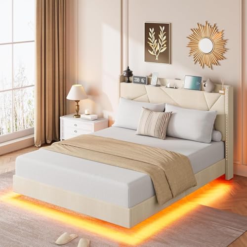 Queen Size Floating Bed Frame, Suspended Bed with RGB LED Lights and Charging Station, Upholstered Bed Frame with Storage Headboard and Button Tufted, No Box Spring Needed, Beige