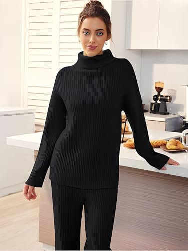 Image of TYSORT Women's Winter Woolen Turtleneck Sweater with Pajama | Warm Winter Wear Cord Set | Woolen Tracksuit Loungewear Set