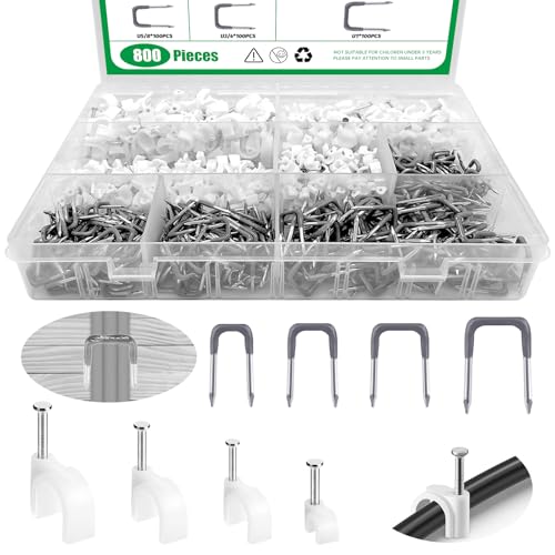 Yauhar 800Pcs 4mm 6mm 8mm 10mm J-Hook Ethernet Cable Nails Wire Clips with Steel Nails and 5/8