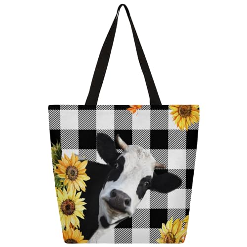 Mularoka Grid Cow Sunflowers Large Capacity Canvas Tote Bag Stylish Handheld Shoulder Bag Reusable Shopping Bag for Work Travel Beach Trips Shopping