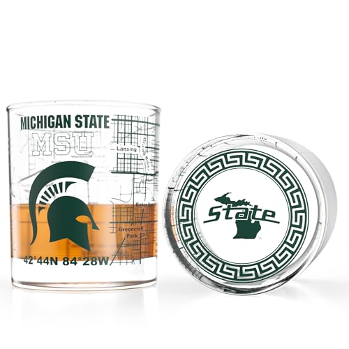 Image of Greenline Goods - Michigan State University Spartans College Whiskey Glasses (Set of 2), 10 oz - Full-Color Logo + Campus Map