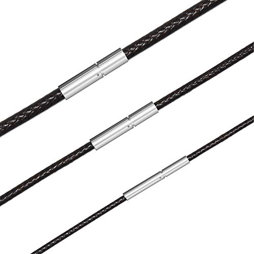 Leather Cord Necklace 3pcs 1/2/3mm Black Brown Red Braided Wax Rope Chain for Men Women with Stainless Steel Clasp 16 18 20 22 24 26 28 inches