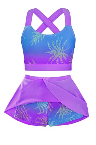 Cutemile Teenage Girls 2pc Piece Bathing Suits Size 10 Novelty Summer Hawaiian Leaves Tankini Swimsuit Boyshort Quick Dry Tropical Themed Swimming Sport Sets for Pool 10-11 Years