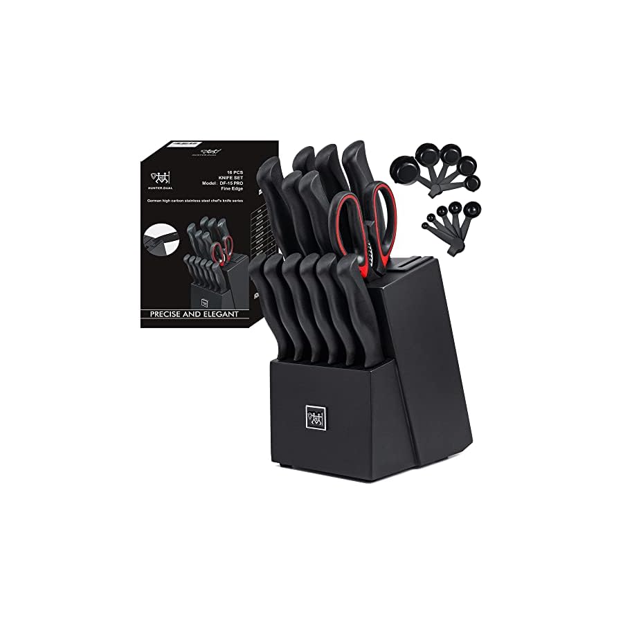 Knife Sets for Kitchen with Block, HUNTER.DUAL 15 Pcs Kitchen Knife Set with Block Self Sharpening, Dishwasher Safe, Anti-slip Handle, Black
