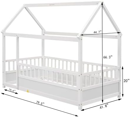 Miniatura 2 de Cama Montessori de madera con valla y techo para niños, moderno marco de cama individual para niños y niñas (blanco, individual)
