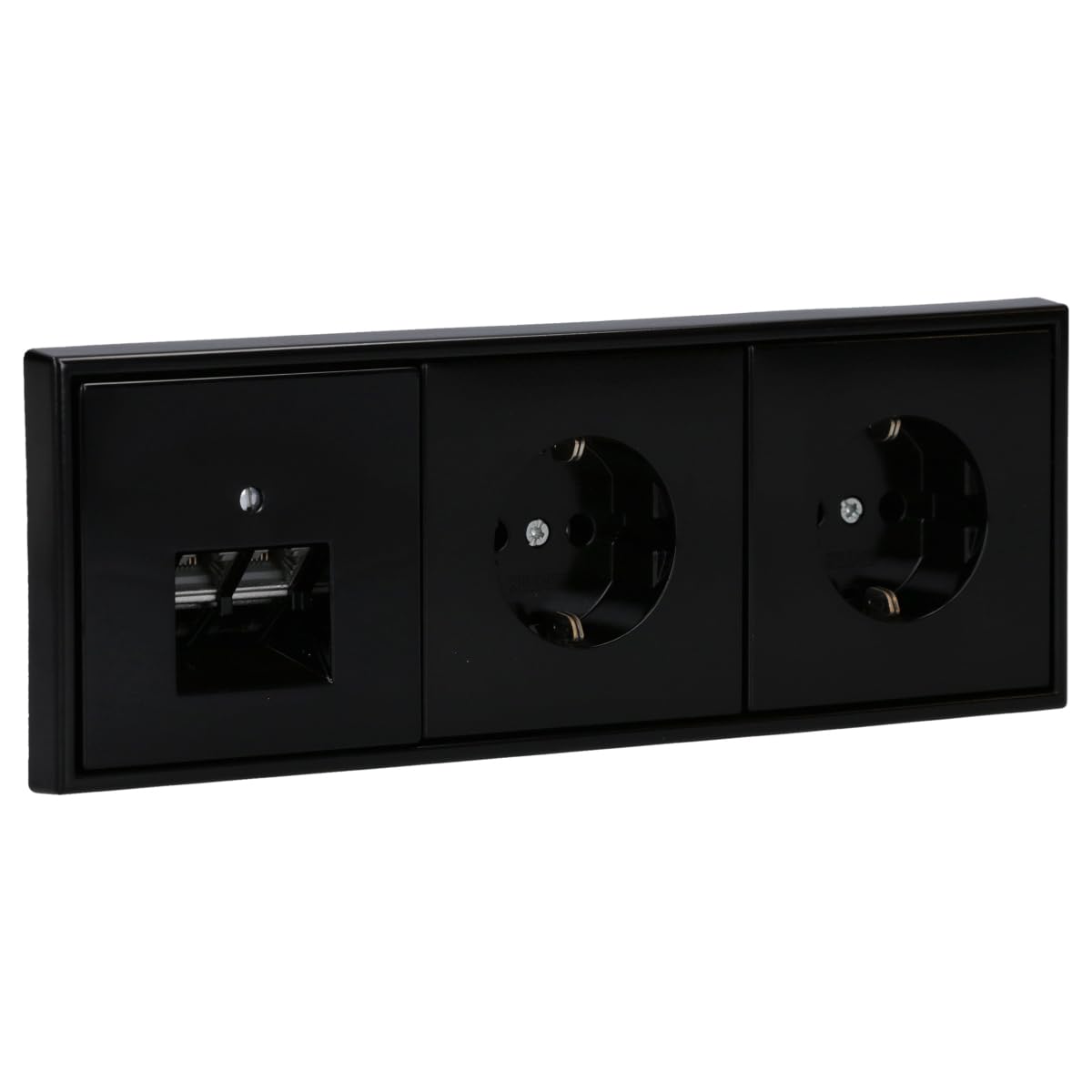 JUNG Serie LS Cat.6A Doppel-Netzwerkdose & 2 Steckdosen Schwarz | mit Cat.6A UAE-Anschlussdose, LS969-2UASW Abdeckung, 2x LS1520SW SCHUKO Steckdosen, LS983SW Rahmen 3-fach