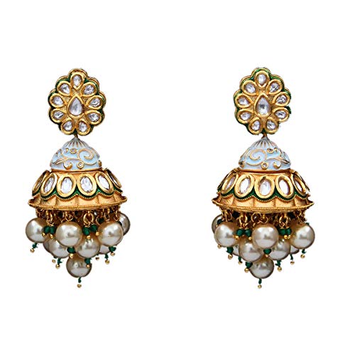 Designer Long Dangle Earrings Gold Plated Kundan Stone Studded Handicraft Indian Ethnic Traditional Collection Chandbali Jhumki Jhumka for Women
