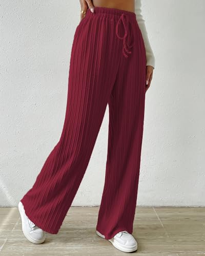 Knit Pants for Women, Ribbed Pants, Wide Leg Lounge Pants for Women, Elastic Waist Straight Leg Sweatpants2