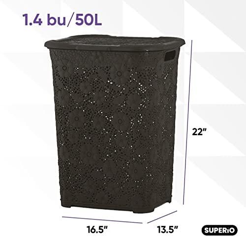 Image of Laundry Hamper With Lid Lace Design 50 Liter - Brown Laundry Hamper Basket With Cutout Handles, Rectangular Shape Modern Style Bin - Dirty Cloths Storage. By Superio