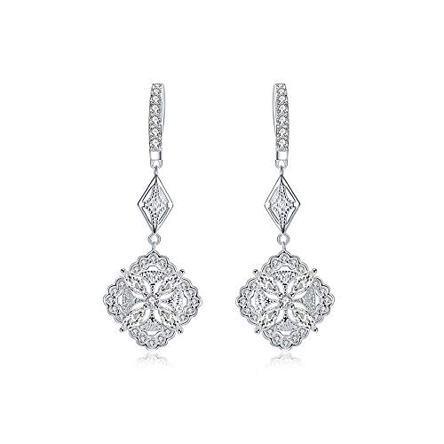CZ Vintage Dangle Hoop Earrings for Women Girls S925 Sterling Silver with Charms White Gold Plated Pave Cubic Zirconia Leverback Filigree Flower Dangling Stud Wedding Retro Bridal Prom Antique Jewelry
