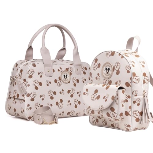Kit 2 Peças Mala Maternidade e Mochila Mickey Minnie Stitch, Material Sintético Premium, 45x30x18cm e 24x30x9,5cm (Kit Mickey Bege)
