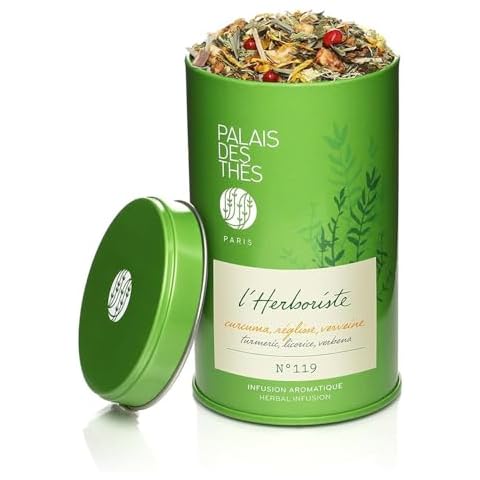 Palais des Thés - Organic L'Herboriste N°119 - Premium Gourmet Herbal Tea with Turmeric, Licorice, and Verbena - 3.5oz Loose Leaf Metal Gift Tin Cover