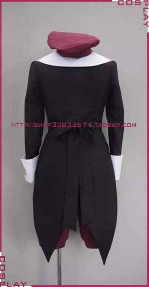 Enrere view of the KKANON Yoshiya Cosplay Outfit on a mannequin, showing the tailcoat design of the jacket and the back of the hat.