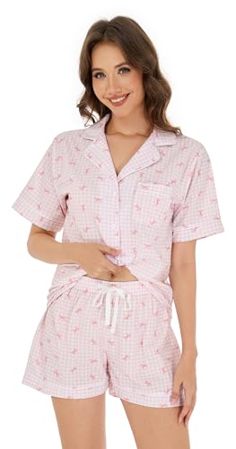 Image of LUBOT 100% Cotton Women's Pajamas Set Button-Down Two-piece PJ Set Short Sleeve Printed Patterned Summer Sleepwear Loungewear (Plaid Bows, M)