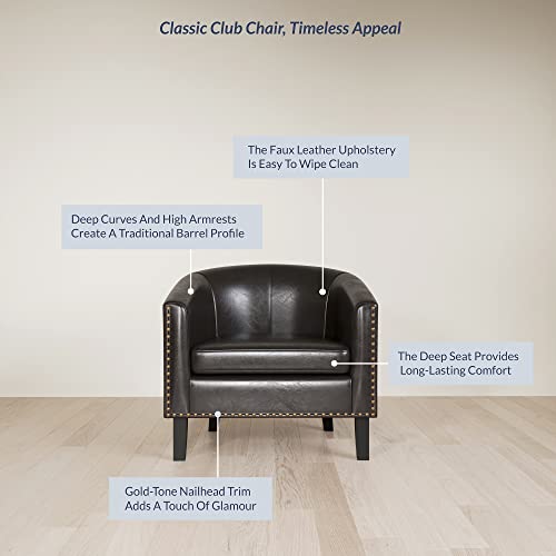 Image of BELLEZE Accent Barrel Chair, Set of 2 Modern Faux Leather Tub Club Chair Upholstered Armchair with Gold Nail Head Trim and Black Legs for Living Room Bedroom Apartment Lounge - Dark Brown