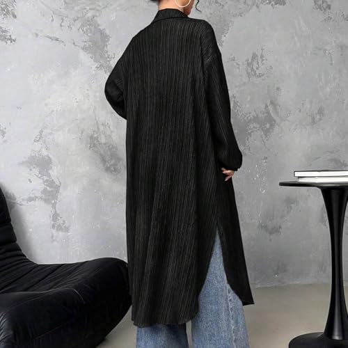 Women's Open Front Maxi Long Textured Cardigan Casual Loose Long Sleeve Button Collared Shirts Dressy Blouse Cover Up4