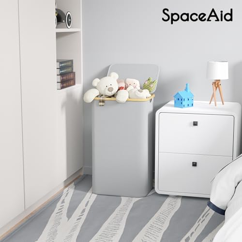 SpaceAid Laundry Hamper with Lid, 110L Large Tall Clothes Basket Bin with Bamboo Handles, Collapsible Laundry Hamper for Bedroom, Bathroom, Dorm, Laundry Room - Light Grey