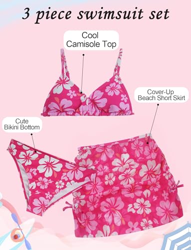 Happy Cherry Swimsuits for Teen Girls Bikini Cute Bathing Suits Kids Tropical Floral 3 Piece Swim Suits with Shorts Skirt3
