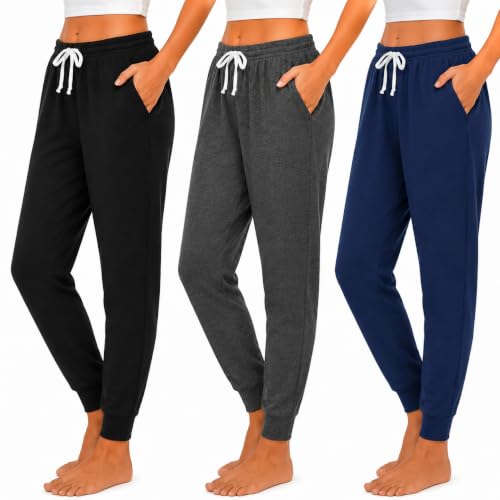 Image of Essential Elements Womens 3 Pack 100% Cotton Joggers Lounge PJ Sweatpants | Soft Breathable Everyday Knit With an Elastic Waist and Tapered Fit, Cozy for Sleep, Workouts and Casual Wear