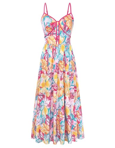 GRACE KARIN Womens Summer Floral Maxi Dresses 2026 Casual Long Flowy Sundresses Beach Tropical Boho Clothes with Pockets Blue Rose Floral XXL