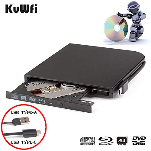 External Blu Ray DVD Drive KuWFi Player for Laptop USB3.0 Type-A & Type-C Dual interfaces Portable Slim Automatic Slot-Loading CD/DVD-RAM Superdrive Burner with High Speed Data for PC Windows Mac OS