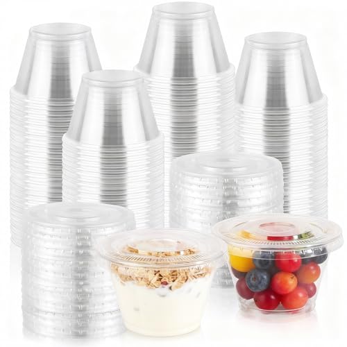 GGOLDMER 100 Sets 7 oz Clear Plastic Cups with Lids No Hole Fruit Cups with Lids Disposable Cup for Dessert Parfait Ice Cream Yogurt Pudding Cake Cold Drinks Smoothie and Snacks