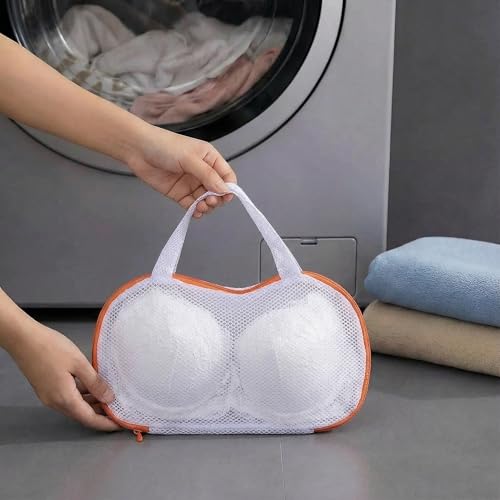 ATAGS Bra Washing Bag for Machine Wash | Honeycomb Mesh Laundry Bag for Brasses | Fits All Cups, Anti-Deformation Padded Bra Protector with Zipper, Handle & Elastic Band (White-Orange) 1 Pc