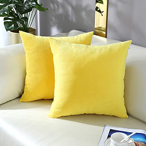 Mixeoo Comfy Lemon Yellow Throw Pillow Covers Decorative Square Solid Thick Velvet Super Soft Cushion Cases Home Decor For Sofa Couch Living Room Chair, Set Of 2, 18 X 18 Inch #TOP1