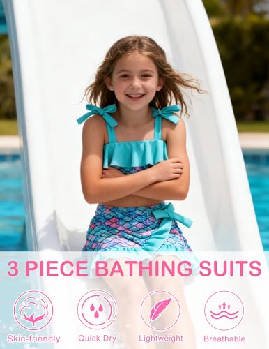 Image of ALISISTER Girls Swimsuit 3 Piece Bathing Suits Flounce Bikini Tankini Set Beach Swimwear with Cover Ups Skirt for 3-8 Years