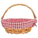 GARIOUANS Cesta de Mimbre Artesanal con Forro Cuadros y Asa Cesta Rústica para Picnic Almacenamiento de Frutas Pan y Huevos Portátil para Cocina y Fiestas