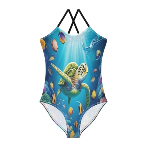 Vibrant Sea Turtle Underwater Swimming Suit for Girls, Summer Beach Swim Suits Kids, 3-10