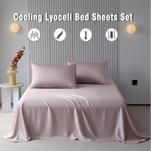 HighBuy 3 Piece Lyocell Sheets Twin Bed Sheet Set - Blush Cooling Bedding Sheet & Pillowcase Sets Twin Size - Hotel Tencel Deep Pocket 16 inch Sheets,Wrinkle Free,Tencel Sheet Set