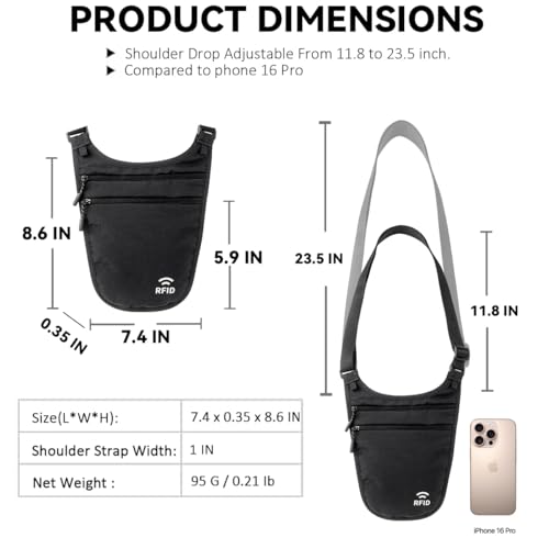 crossbody money belt for travel women amp men hidden travel wallet pouch - slim passport holde rfid blocking neck wallet under clothes to protect cash credit cards and documents black