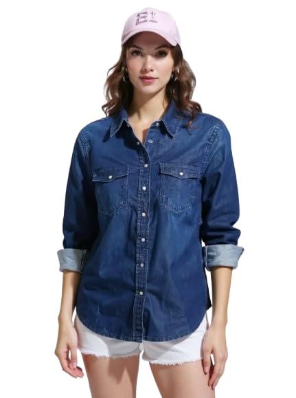 Image of Women's Denim Shirt Full Sleeve Regular Fit Collared Neck Solid Blue Button Down Casual Stylish Girls Western Shirt