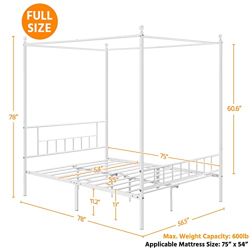Yaheetech Metal Canopy Platform Bed Frame Four-Poster Canopied Bed Mattress Foundation With Headboard And Footboard Sturdy Slatted Structure No Box Spring Needed Easy Assembly Full White #TOP1