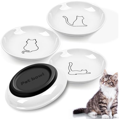 Cat Food Bowl,Healthy Ceramic Cat Bowls for Indoor Cats,Anti Whisker Fatigue Cat Dishes Set,Shallow Wide Kitten Plates for Food and Water,Non-Slip Silicone Bottom,3 Pack
