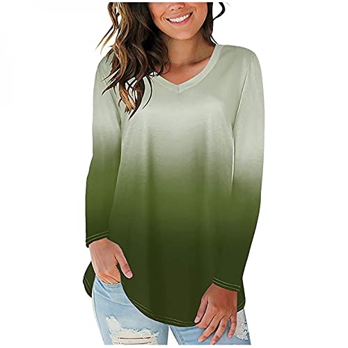 Aniywn Women's Gradient Print V Neck Long Sleeve Tops Tees Color Block Loose Fit Ladies Pullover Shirt Blouses Green