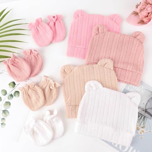 Image of BQUBO Newborn Baby Hats Bear Ears and Mittens Sets Preemie Caps Baby Boy Girl Infant Hospital Beanie for 0-3 Months