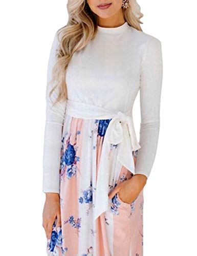 Women's Long Sleeve Floral Patchwork Crew Neck Casual Tie Dresses with Pockets, Pink, Size M